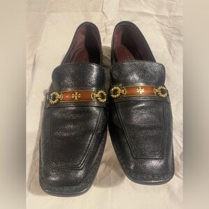 Tory Burch Black Loafers with Gold and Brown Detail